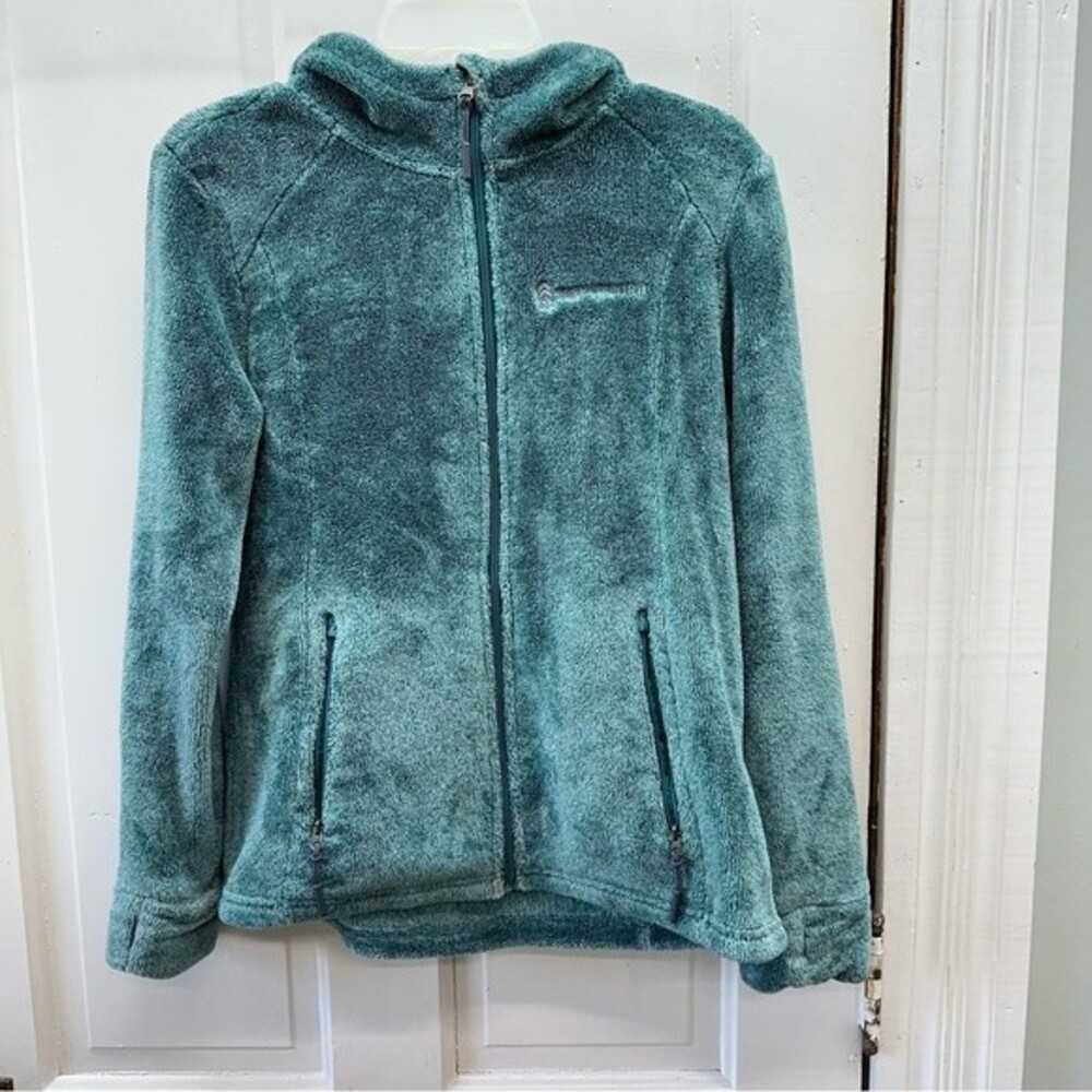 Free Country‎ Womens Turquoise Long Hair Fleece Zip Up Hooded Jacket Small